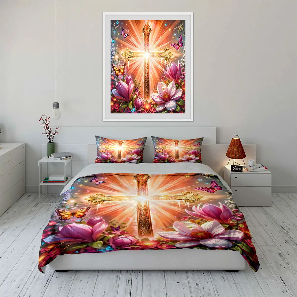 Golden Cross with Vibrant Flowers Print Soft Comfortable Duvet Cover Bedding Set Included 1*Duvet Cover  2*Pillowcases