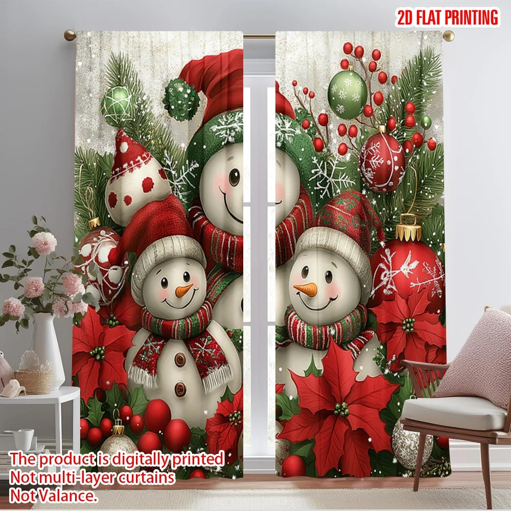2pcs,2D plane printing Creative Curtains Cute Snowman Christmas Family (3) Durable Polyester (without rod) Holiday for Bedroom,
