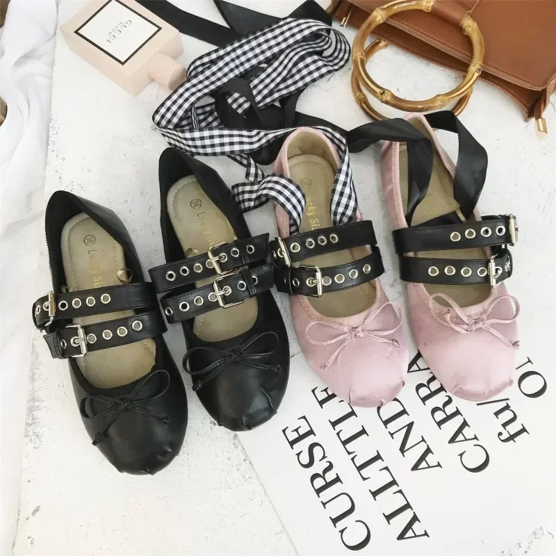 TINGHON Classic Silk Ballet Shoes Lace up Ballet Shoes Women Round Toe Bowtie Women Flats Elegant Valentine Shoes