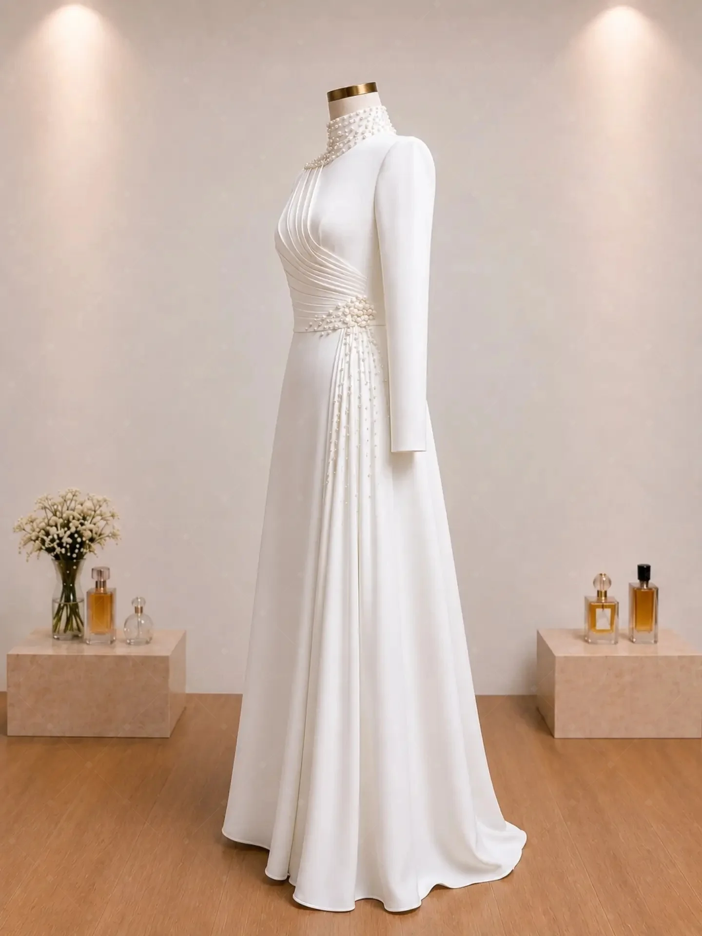 TLIT Customized Ivory Elegant Modest Bridal Gown High Collar Pleated Pearl Detail Long Sleeve Muslim Wedding Dress، ثوب عروس
