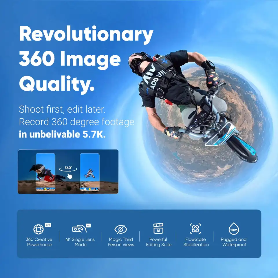 Insta360 X3 - كاميرا أكشن 360 مقاومة للماء مع مستشعرات 48 ميجابكسل 1/2 بوصة، فيديو 5.7K 360 HDR نشط، صورة 72 ميجابكسل 360، عدسة 4K - 4