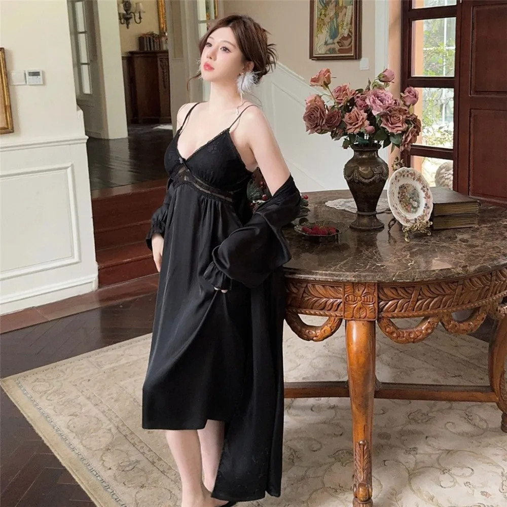 Ice Silk Women Long Twinset Robe Set Nightgown Sexy Back Lace Kimono Suspender Nightdress Loose Casual Homewear Negligee