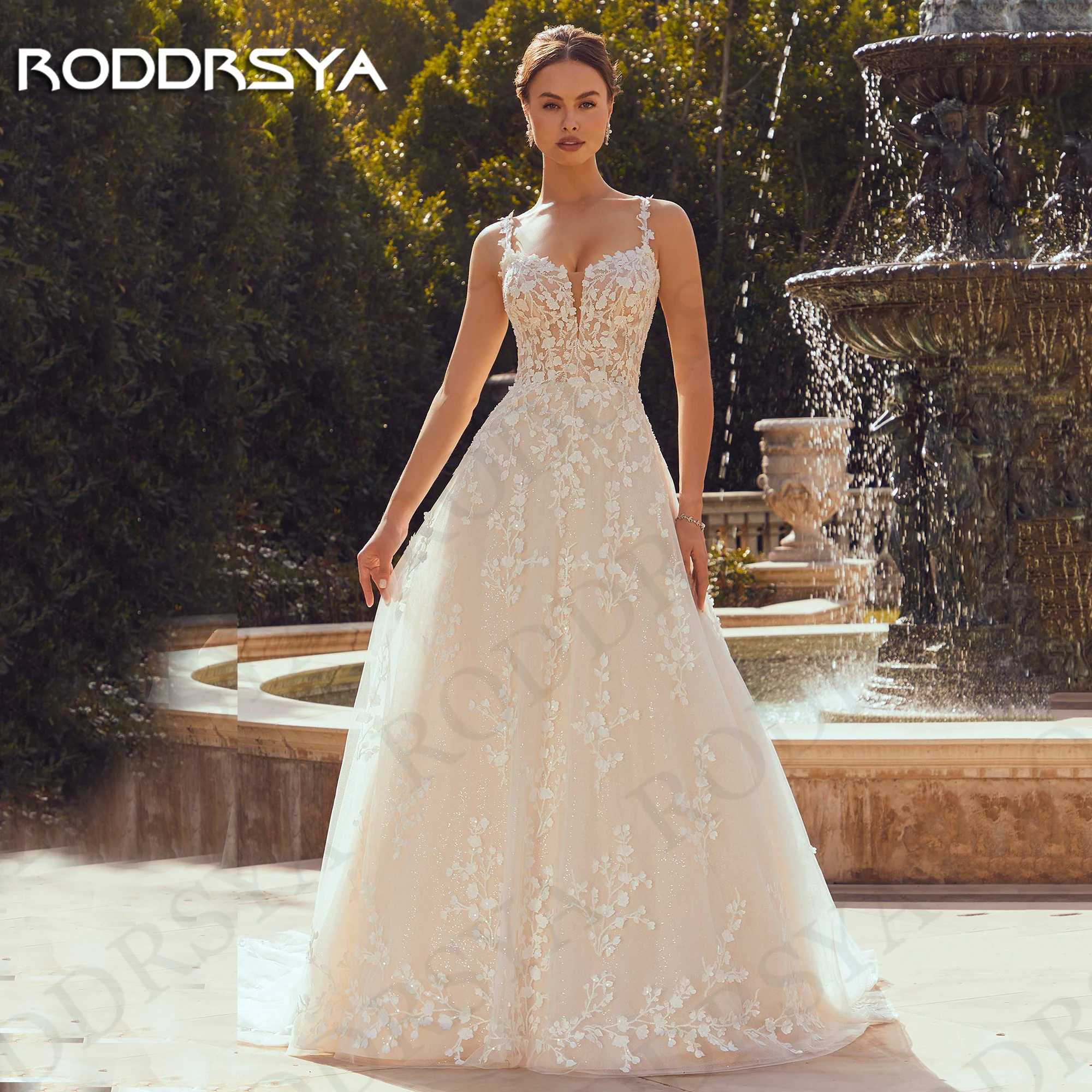 RODDRSYA A Line Appliques Wedding Dress 2024 Luxury Shiny Tulle V Neck Spaghetti Straps Bridal Dresses vestidos de boda 2024