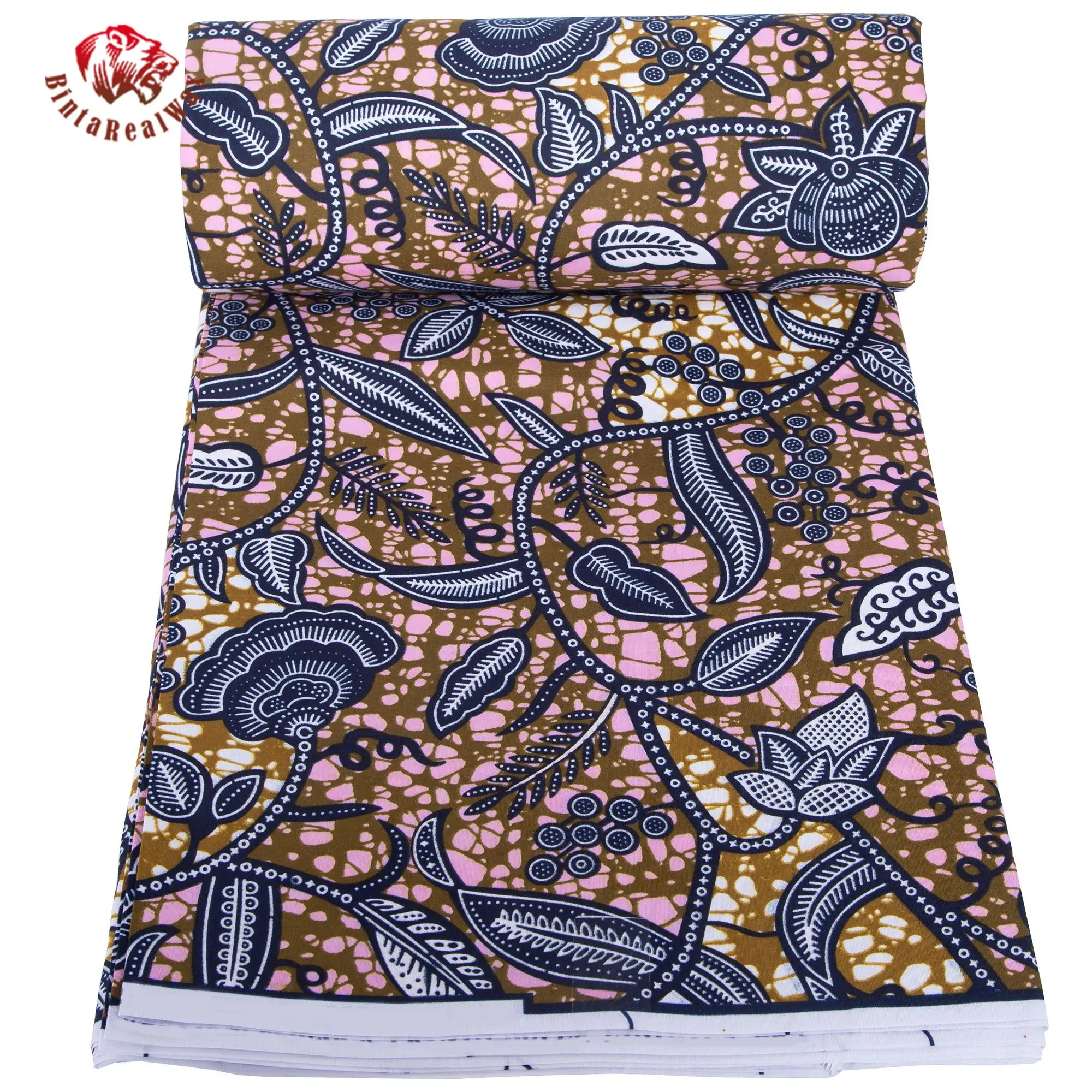 African Wax Print Fabric, Ethnic Floral Paisley Pattern, Brown Pink Blue Color Ankara Fabric for Dress Skirt Clothing FP6695 view 5