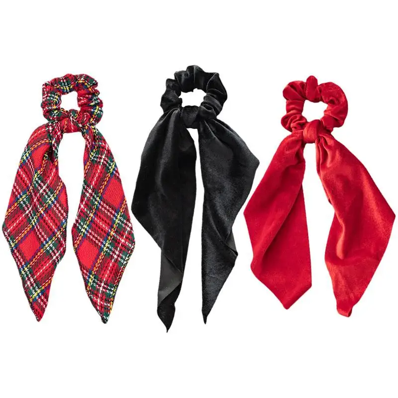 Scrunchies For Women 3 Pieces Christmas Hair Bands Buffalo Plaid Women Hair Ties With Bow Christmas Party Favors Elastic Hair