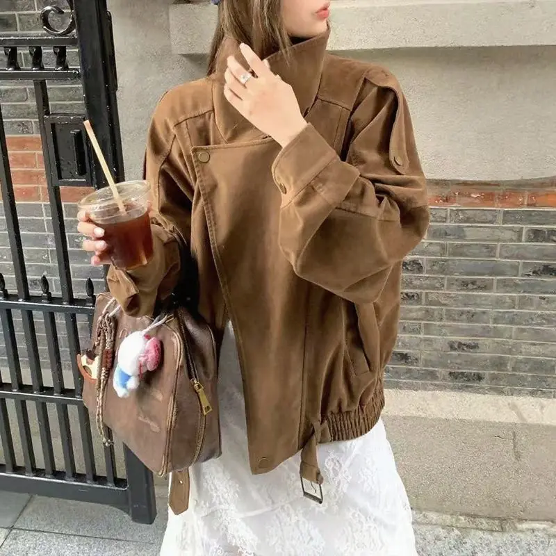 2026 Autumn and Winter New Maillard Motorcycle Jacket Jacket Women's Small Retro Motorcycle Suede Top