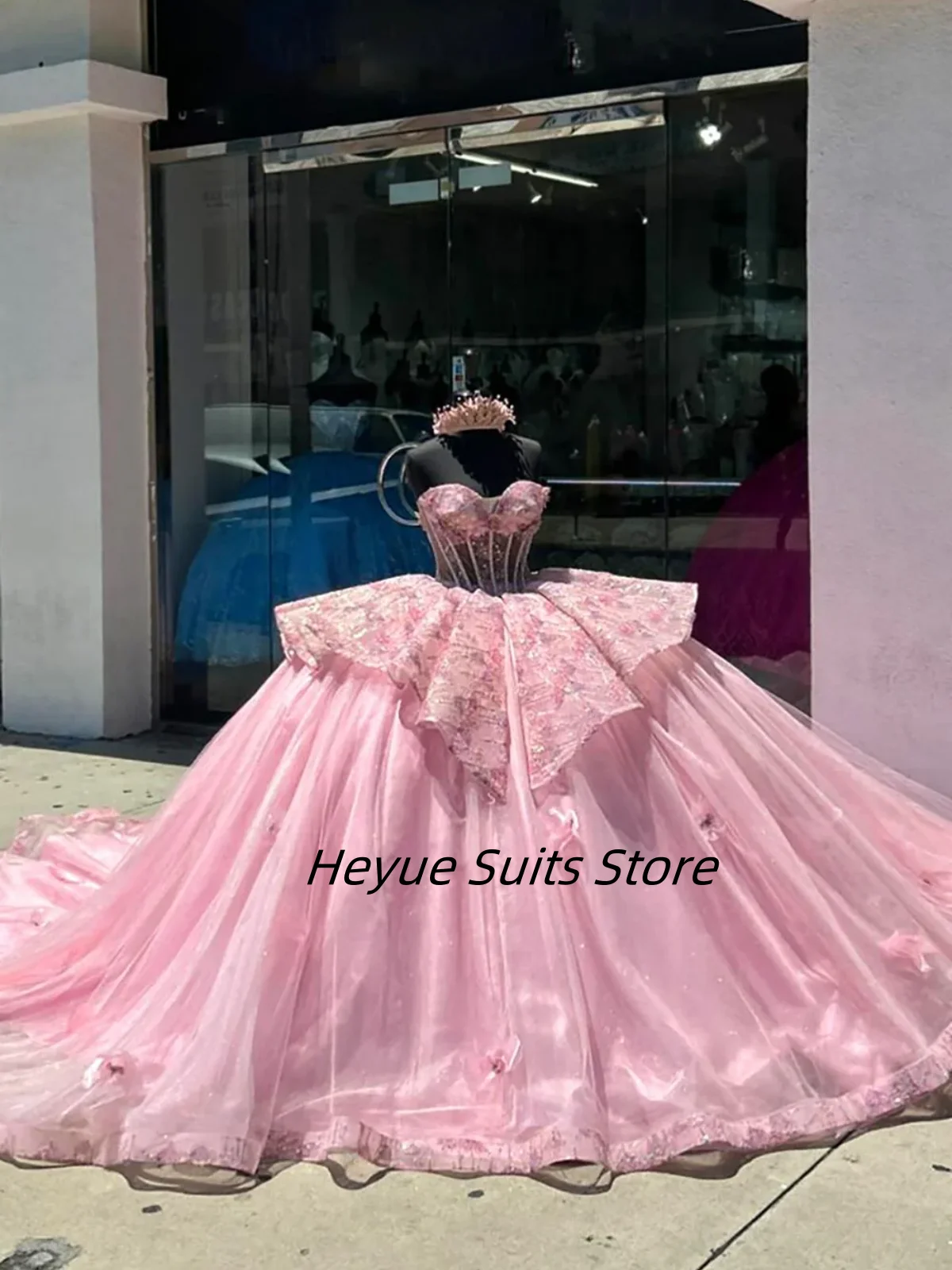 

Блестящее нежное платье принцессы Quinceanera по индивидуальному заказу, розовое платье с цветочной аппликацией, без бретелек, с оборками, корсет, длинное платье Vestido De15 Anos