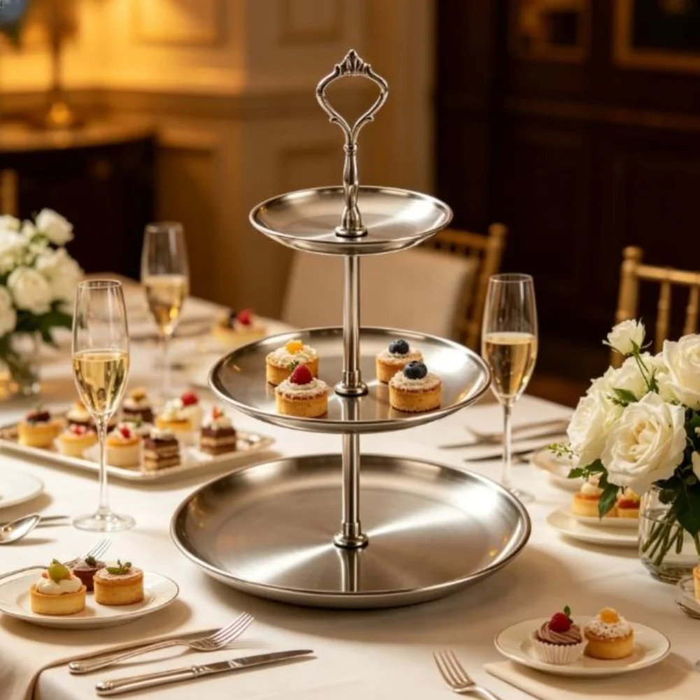 Stainless Steel Dessert Cupcake Stand 3-Tier Cupcake Tower Holder Gold Serving Tray For Tea Party Birthday Wedding Baby Shower