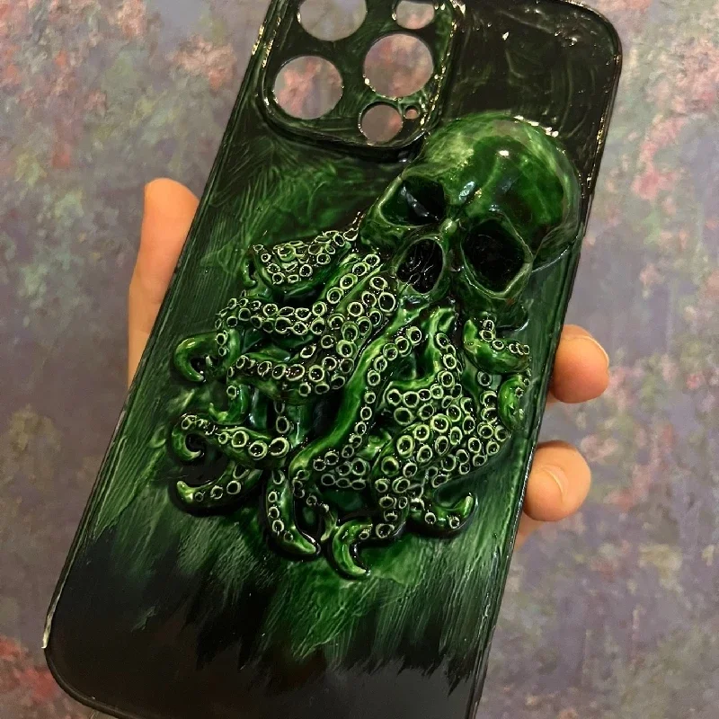 4092 asli 3D buatan tangan casing ponsel Cthulhu tentakel tengkorak gaya gelap casing ponsel kustom natal hadiah Halloween