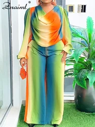 Znaiml Lantern Sleeve Top and Wide Leg Pants Two Piece Set Rainbow Gradient Print Women Outfits Elegant Office Birthday Party