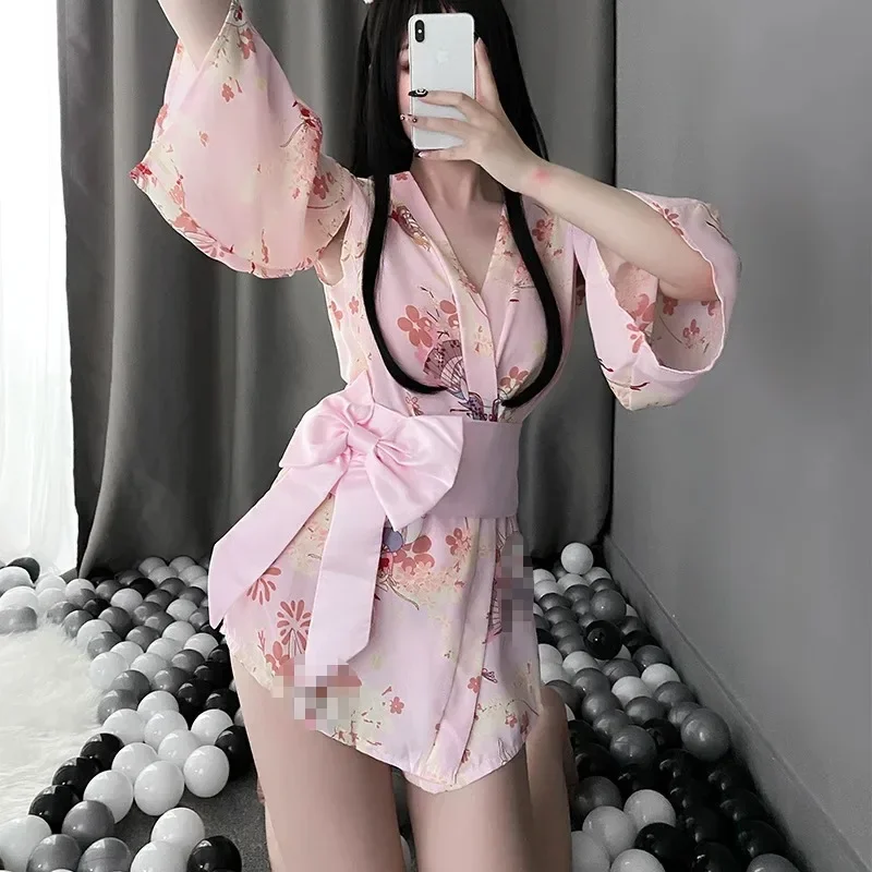 Women Sexy Short Dress Cosplay Japanese Kimono Costume Sexy Lingerie Bathrobe Sleepwear Floral Robe Erotic Lingerie Female Dress