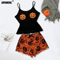 HOT Halloween Prumpkin Nightie Summer Spaghetti Strap Pajamas Set for Women Tank Top Shorts Girl Sexy Lingerie Sleeveless Pijama