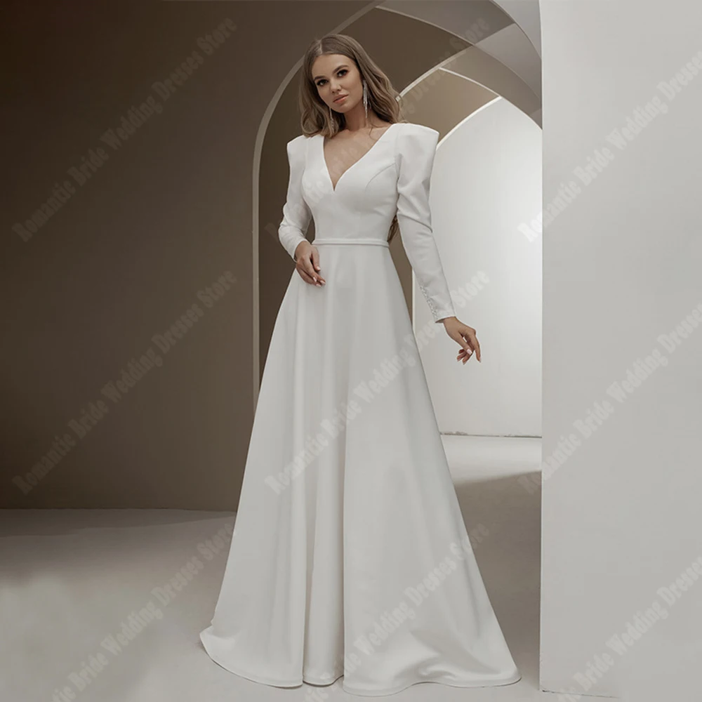 

Elegant V-Neck Women Wedding Dresses Simple Satin Fabric A-Line Bridal Gowns Customized Bridesmaid Princess Vestidos De Novias