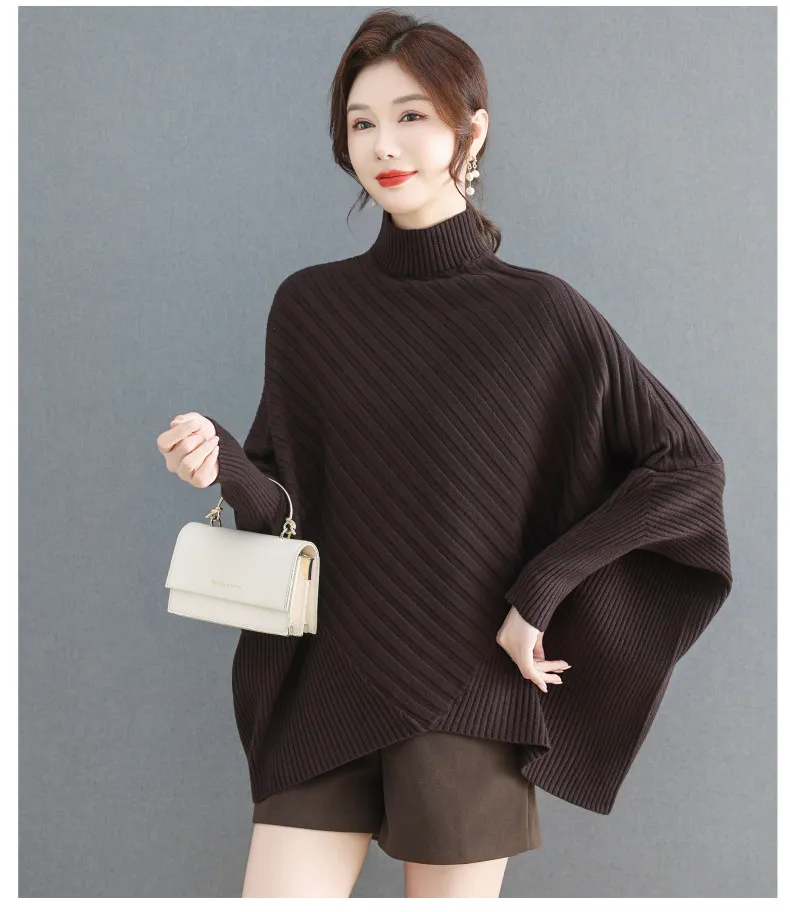 Batwing Sleeve Turtleneck Knit Sweater Women Loose Bat Cape Pullover Autumn Winter Irregular Hem Knit Top Oversized Jumper