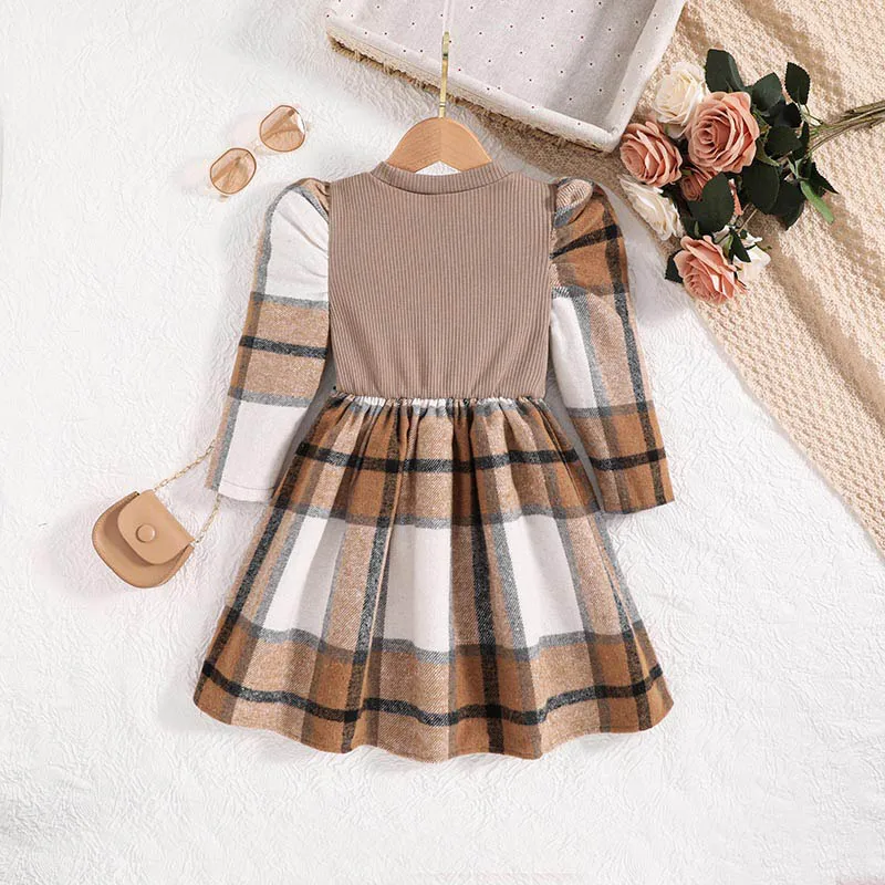 Autumn New Dress Kids Girls 4-7 Years Khaki knitted Patchwork Plaid Long-Sleeved Dress For Girls Casual Retro Korean Style Dress