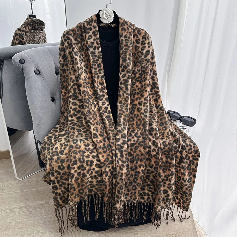 

2025 Leopard Print Faux Cashmere Scarf - Winter Vintage Warm Fringe Shawl Wrap, American Style Hijab & Hair Accessory for Women