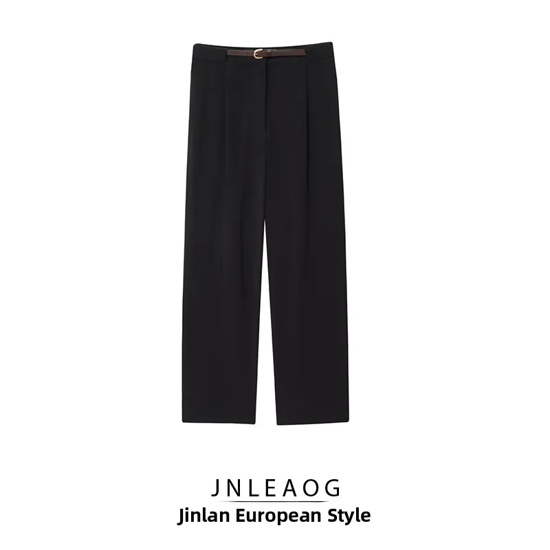 

JNLEAOG Autumn New Women's Faion Design Belt Pleated West Pants Straight Leg Long Trousers Ele Lady Commute Sle
