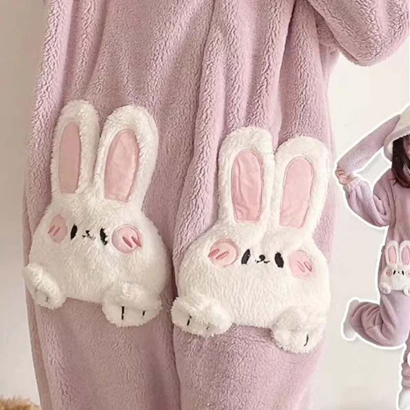 Autumn Winter Women Cute Onesies Pajamas Coral Fleece Warm Cartoon Rabbit Ears Hooded Sleepwear Girls Sweet Home Clothes Pyjamas