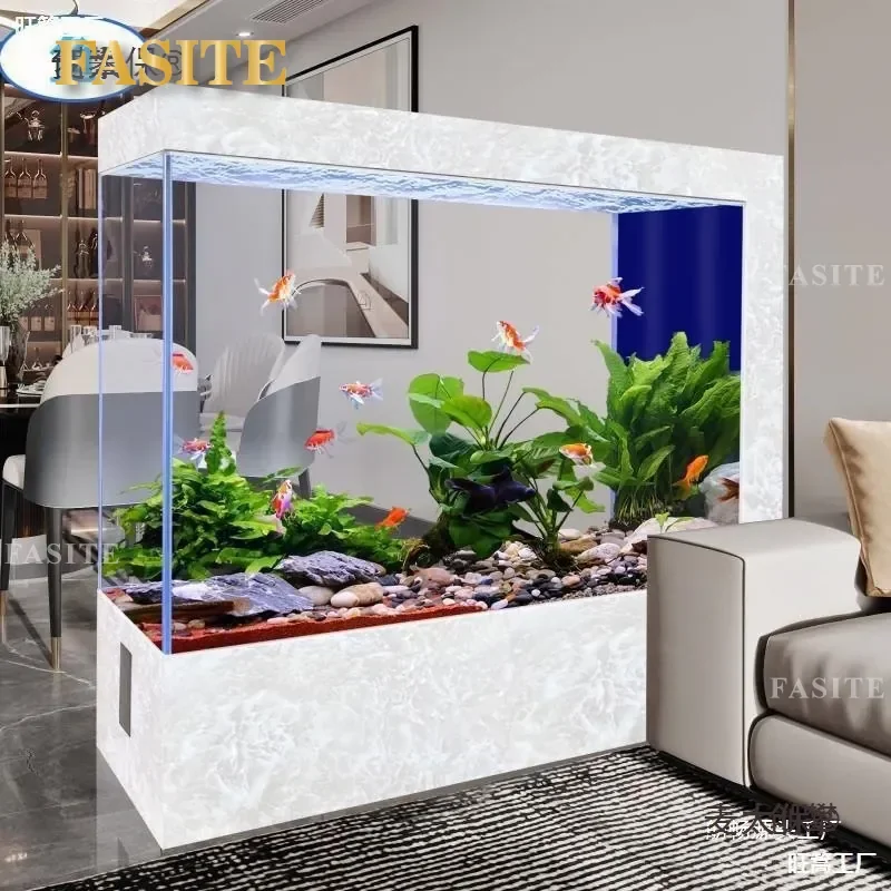 For Ultra White Glass Fish Tank Floor Standing Against Wall Ecological Drainage Aquarium for Living Room Office Home Decor