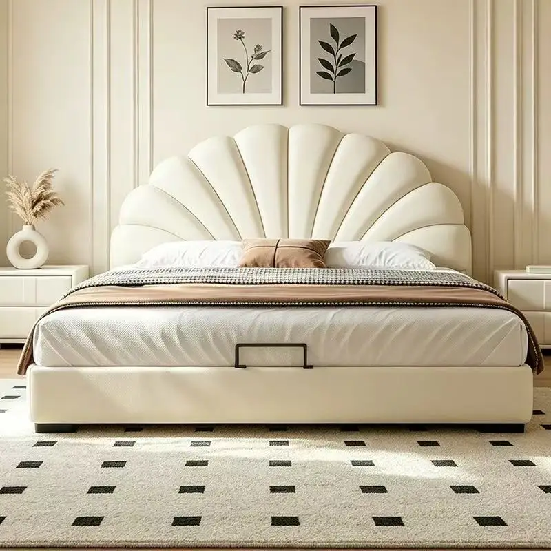 *Cream White Shell Shape Faux Leather Upholstered Platform Bed Modern Soft Bed for Kids Bedroom Furniture