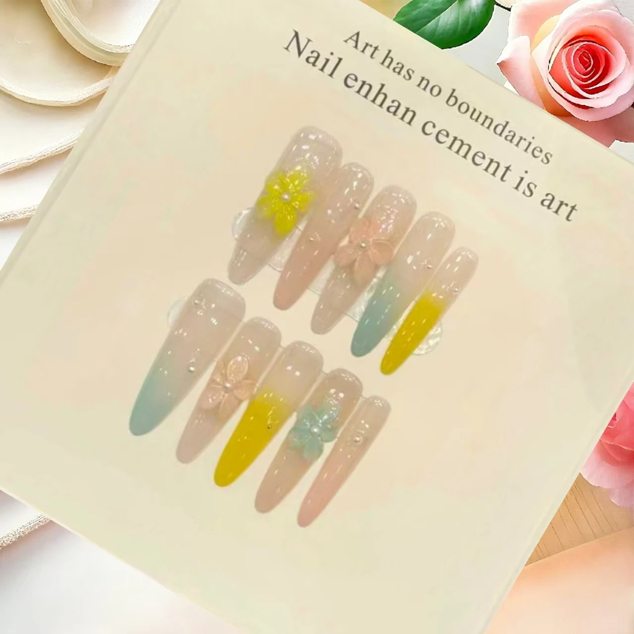 

10PCS Sweet Gradient Candy Carving French Nail Stickers Whiten Fingernails Macaron Garden Design With 4-PIECE ToolsAdhesive Tabs