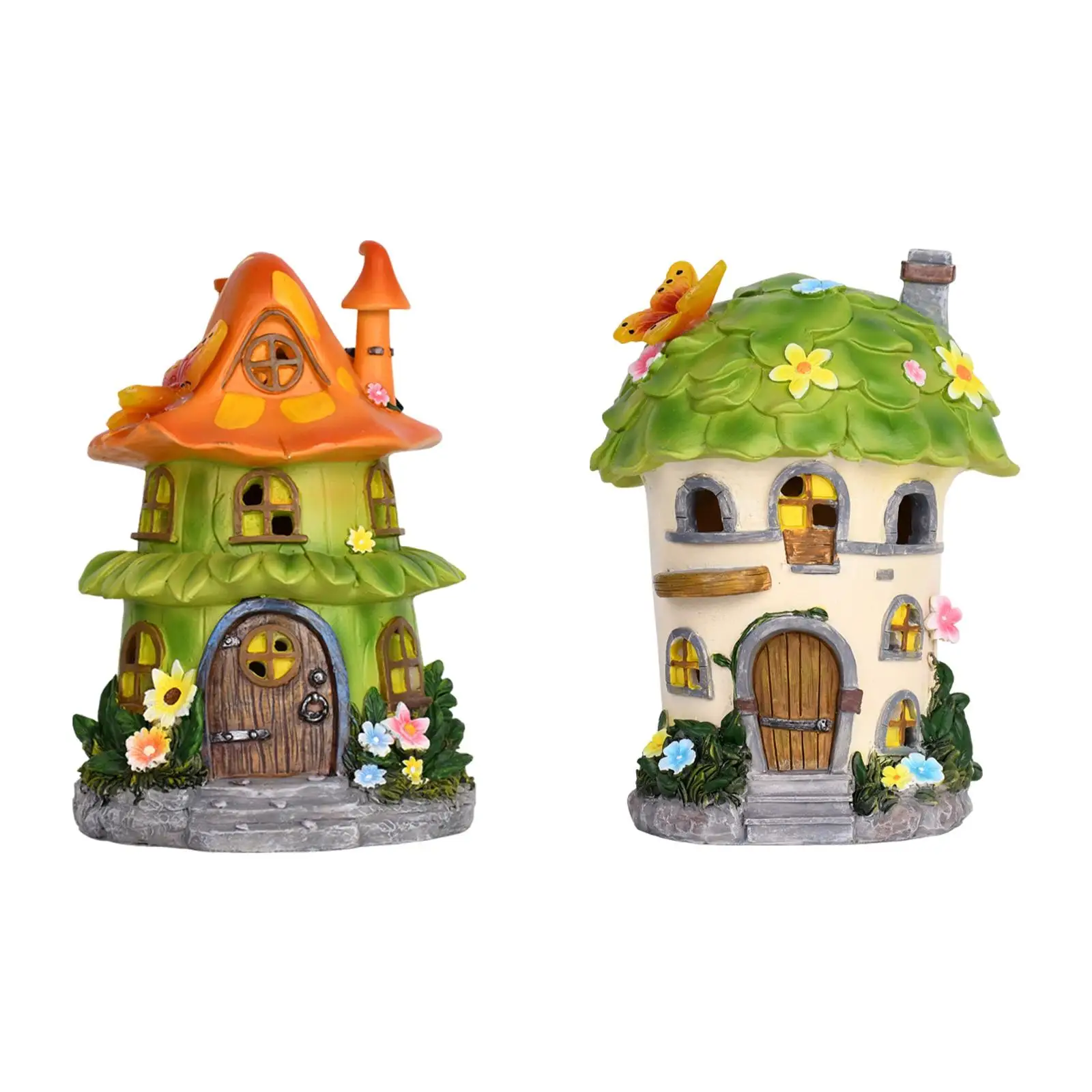 Garden Flower House Statue Funny Yard Ornament Fairy Garden Miniature Landscape Night Light for Lawn Yard Backyard Outdoor Home