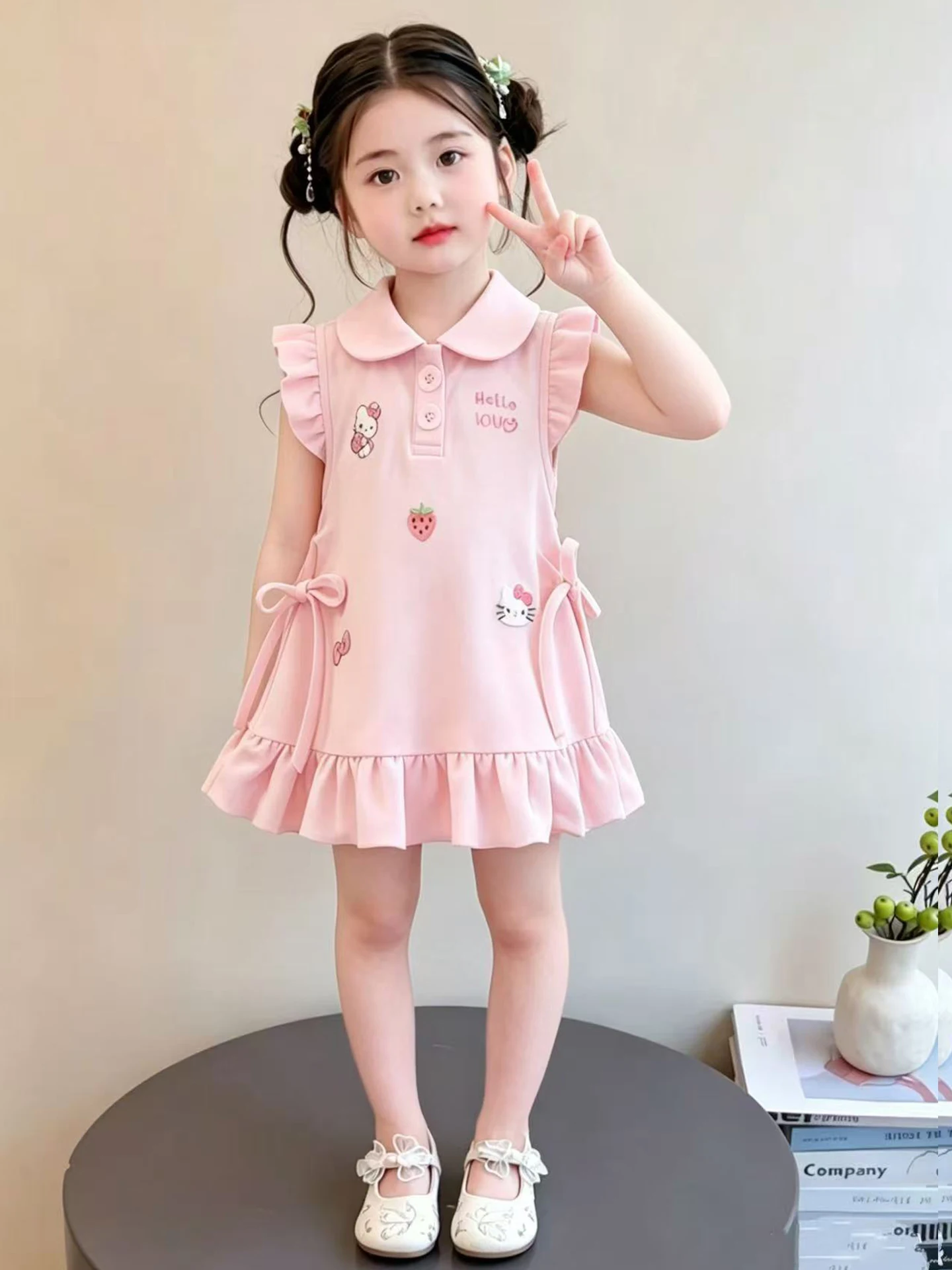 Vestido de Algodão Tricotado para Meninas, Estilo Princesa Doce de Verão, Camiseta  de Manga Curta com Mangas Voando, Ves...