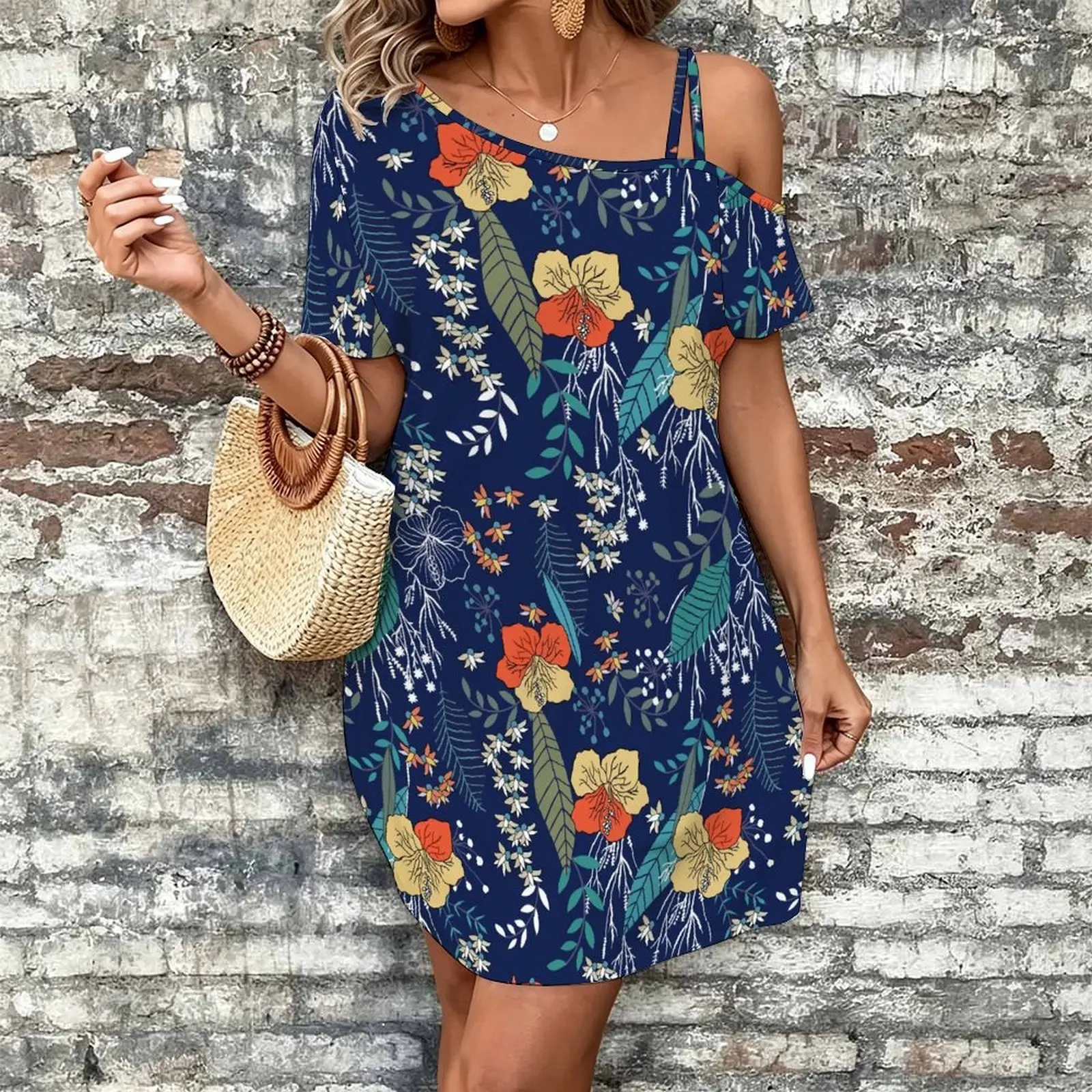 Women Print Cold Shoulder Short Sleeve Mini Dress Irregular Off Shoulder Casual Loose Tunic Dress