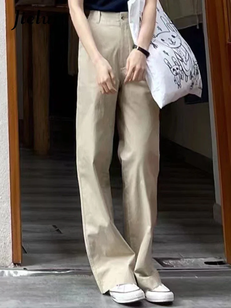 Jielur Summer Khaki High Waist Slim Casual Women's Wide Leg Pants Full Length Straight Solid Color Loose Simple Office Ladies