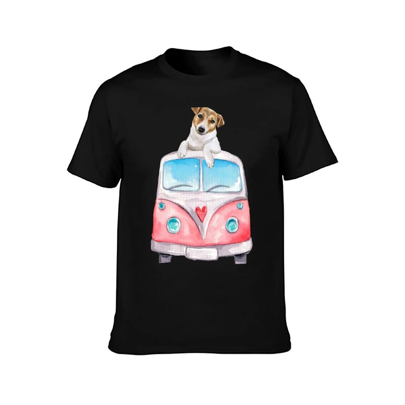 Jack Russell Terrier With Bus T-Shirt, Summer Casual Cotton Tee, Oversized Streetwear Tops, Vintage Graphic Print, 100% Cotton