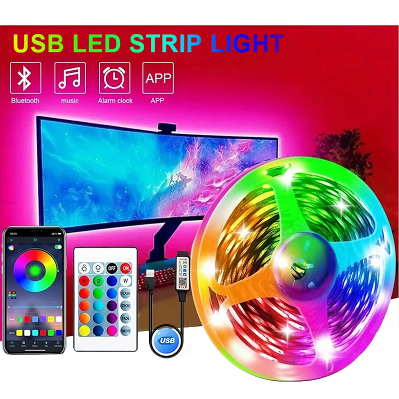 5-метровая USB Bluetooth RGB светодиодная лента с управлением через приложение, синхронизацией с музыкой и пультом дистанционного управления, 5В светодиодная лента для подсветки телевизора и декора спальни.