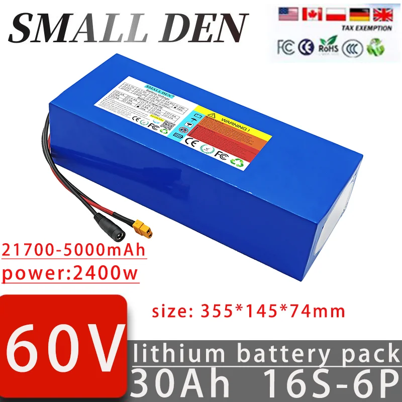 

60V 30Ah 21700 lithium battery pack 16S 6P A-class With 40A BMS designed for outdoor commuting, waterproof and dustproof+charger