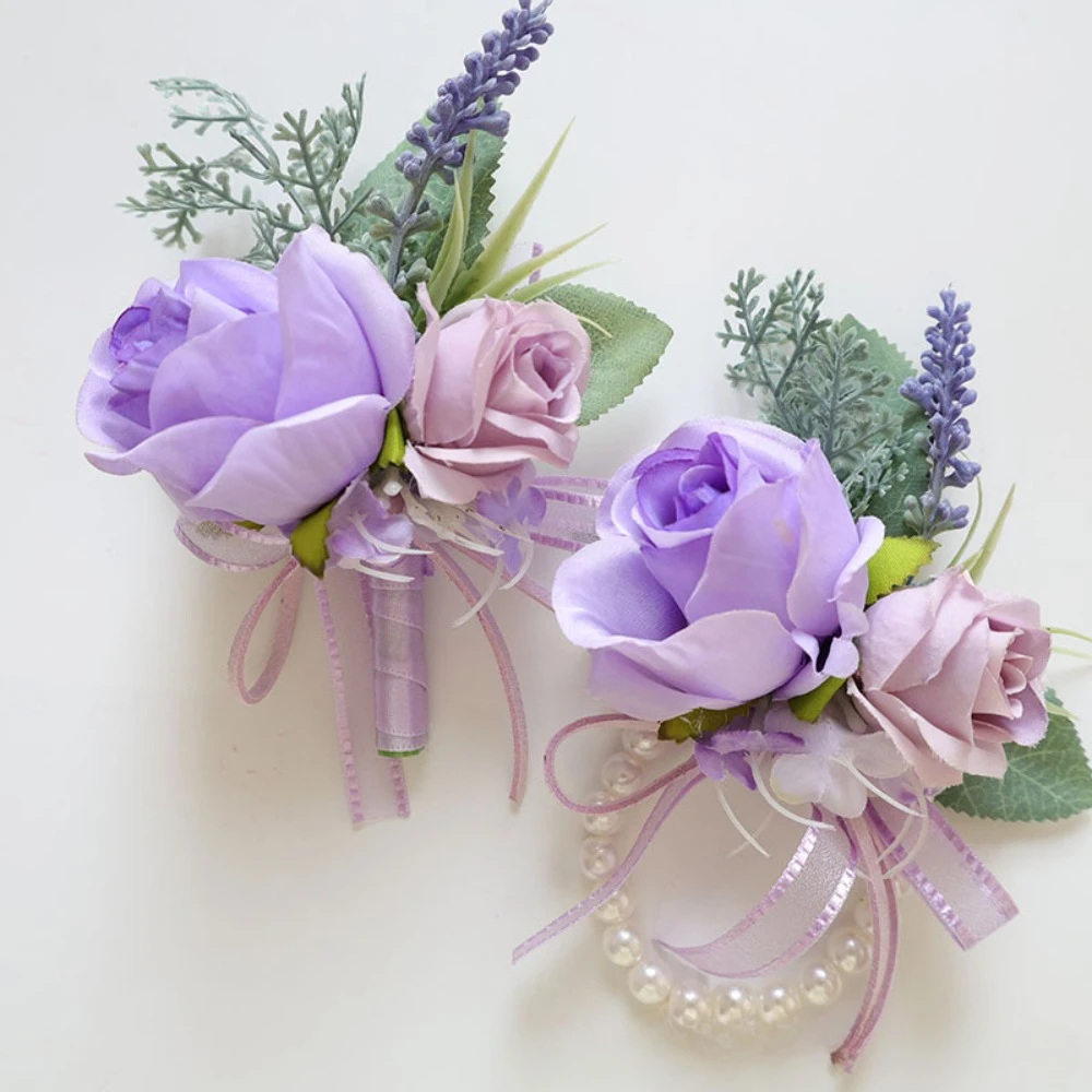 

Simple Purple Silk Rose Artificial Flowers Pearl Bridal Wrist Corsage Marrige Accessories