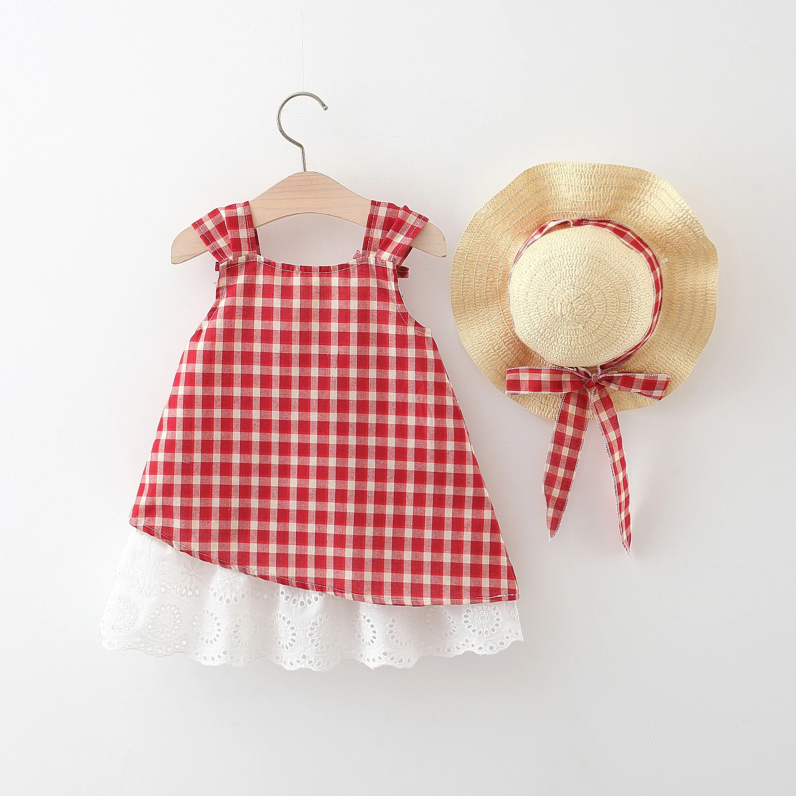 (9 Months -4 Years Old) Summer New Red Checkered Baby Girl Dress, Fashionable And Sweet Children'S Clothes With Free Hat