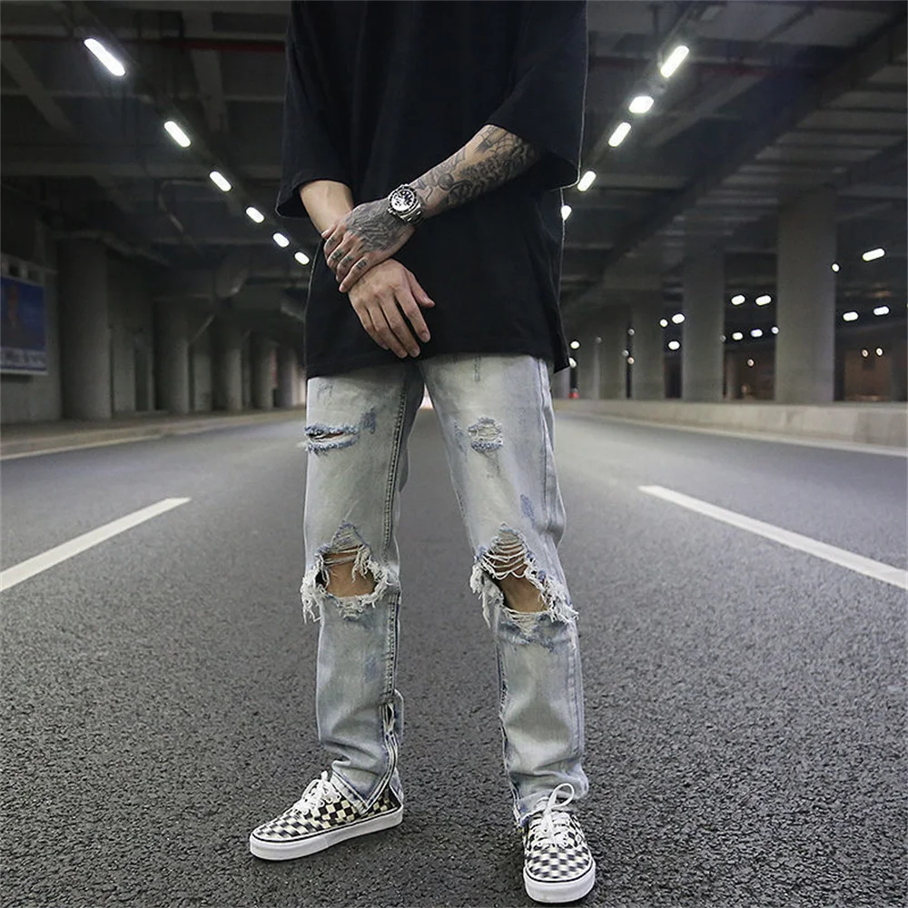 Streetwear Fashion Black Ripped Jeans Men Skinny Slim Fit Blue Hip Hop Denim Trousers Casual Jeans for Men Jogging jean homme