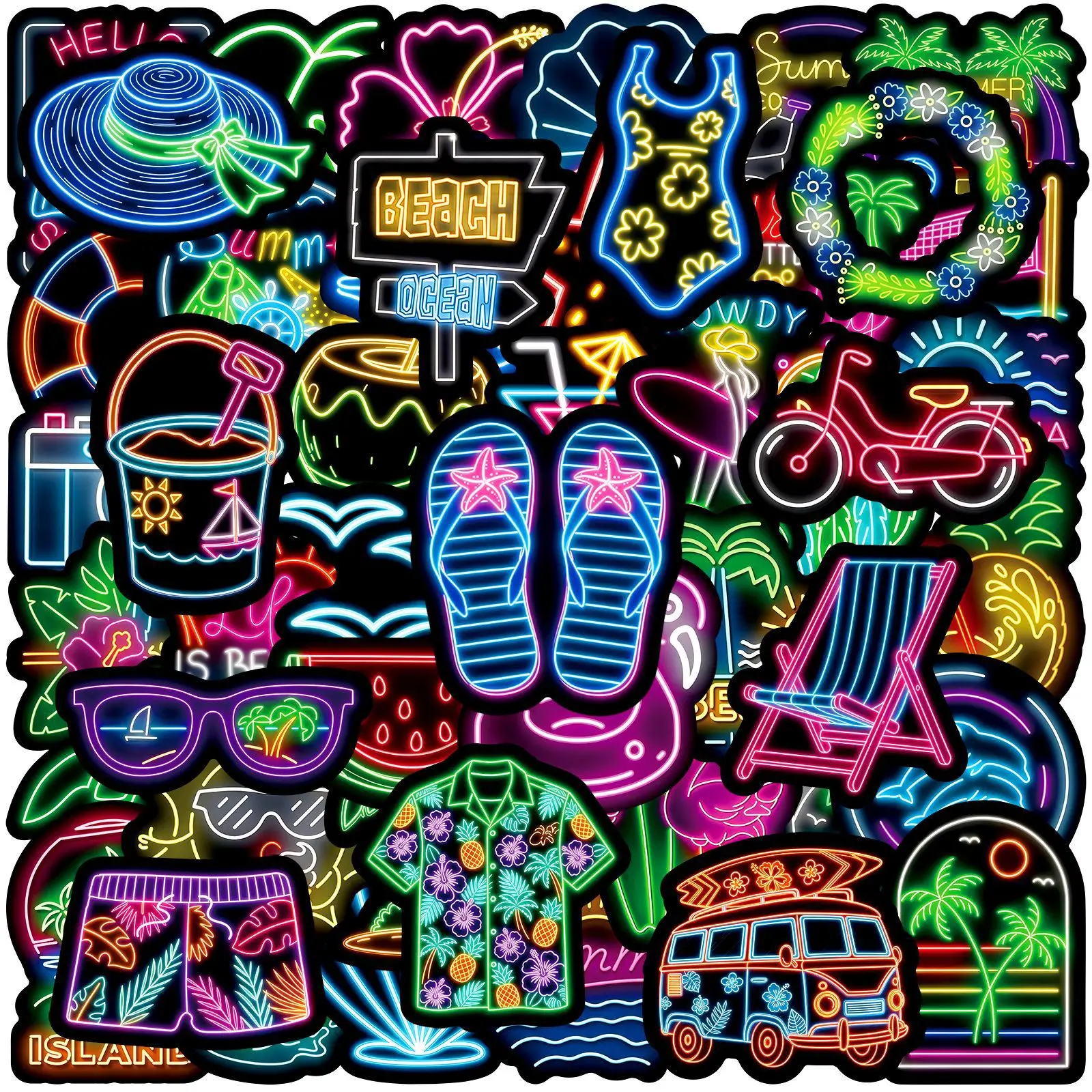 50Pcs Neon Summer Beach Stickers Water Cup Helmets Laptops Waterproof Graffiti Hand Account Decals Furniture Sticker Packs