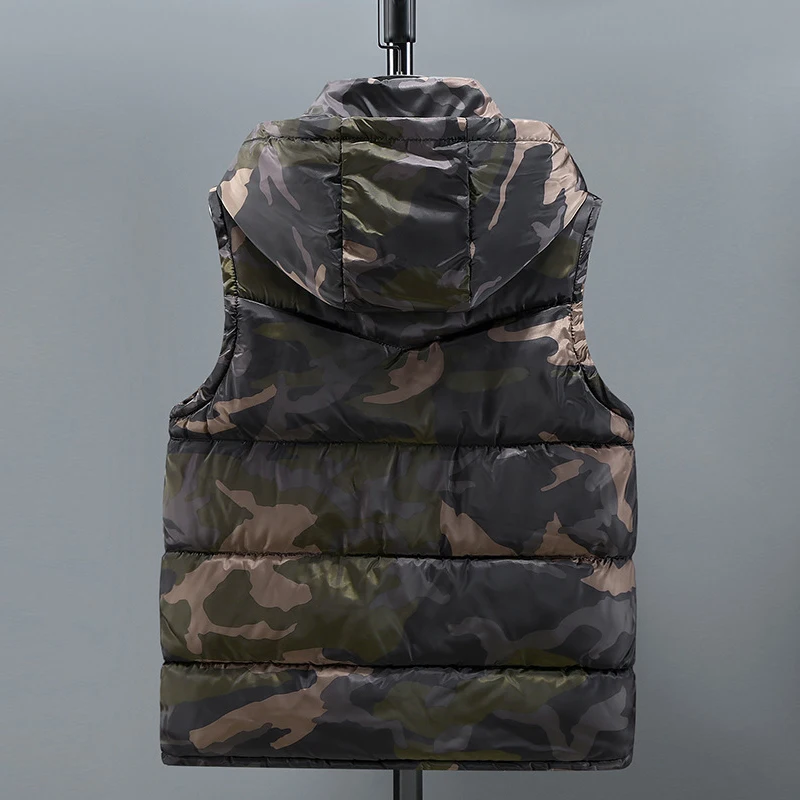 KIDWHXR Man Winter Vest Camouflage Printed Male Hooded Waistcoat Thicken Warm Slim Sleeveless Men Outdoor Casual Parkas Vest