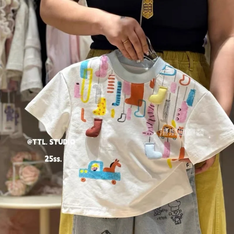 

Children's candy-colored printed cotton short sleevesTCartoon 3D Cute Personality Color Block Base Shirt Boys and Girls