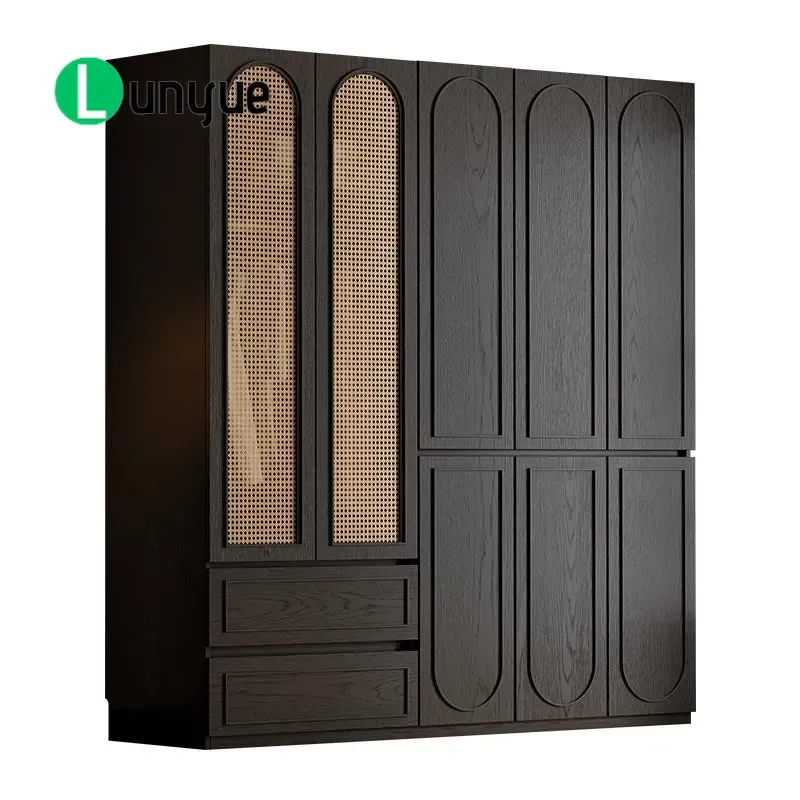 Black French Rattan Wardrobe Large Capacity Full Hanging Solid Wood Vertical Cabinet for Medieval American Style Bedroom
