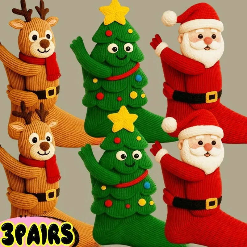 

1/3Pairs Cartoon 3D Knit Santa Socks for Men Women Christmas Kawaii Funny Winter Warm Soft Cozy Fuzzy Thicken Mid-tube Stockings