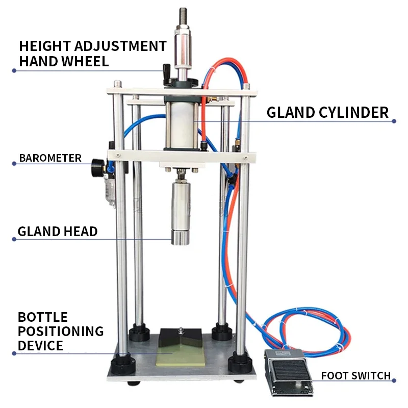 Пневматическая настольная машина для укупорки крышек бутылок с маслом. Машина для укупорки крышек бутылок пива. Машина для укупорки крышек бутылок с газировкой.