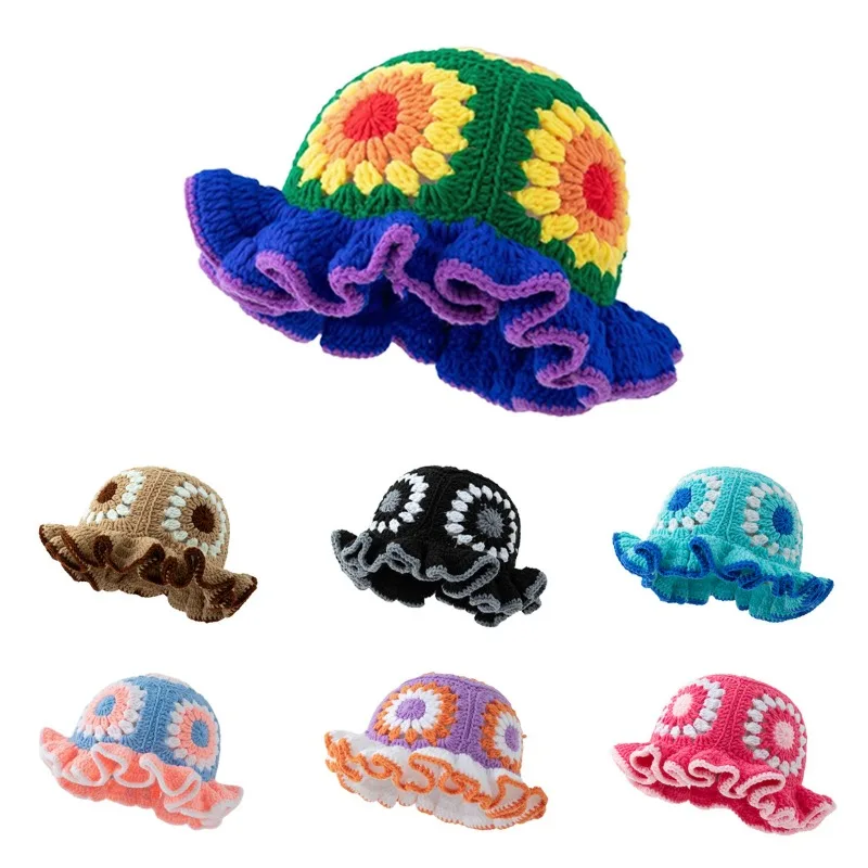 

Niche Color Hand-crocheted Wavy Edge Hollowed Grandmother Grid Bucket Hat Spring and Autumn Warm Knitted Short Brim Basin Cap