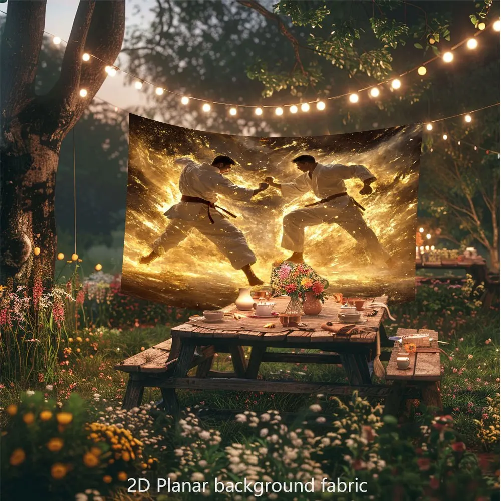 Karate Showdown Mid-Air Tapestry - Swirling Ink Shockwave & Golden Rim Lighting Design