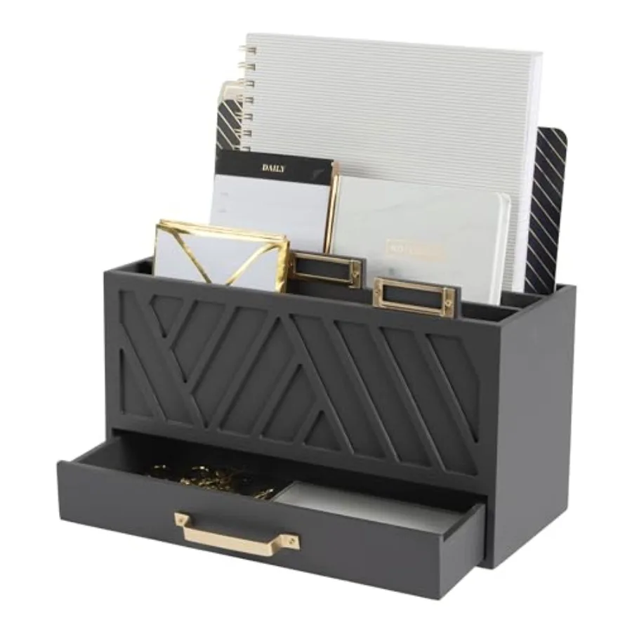 

Three-Tier Desktop Mail Organizer with Gold Label Holders and Drawer Stylish Mail Holder and Countertop Document Storage for Ho