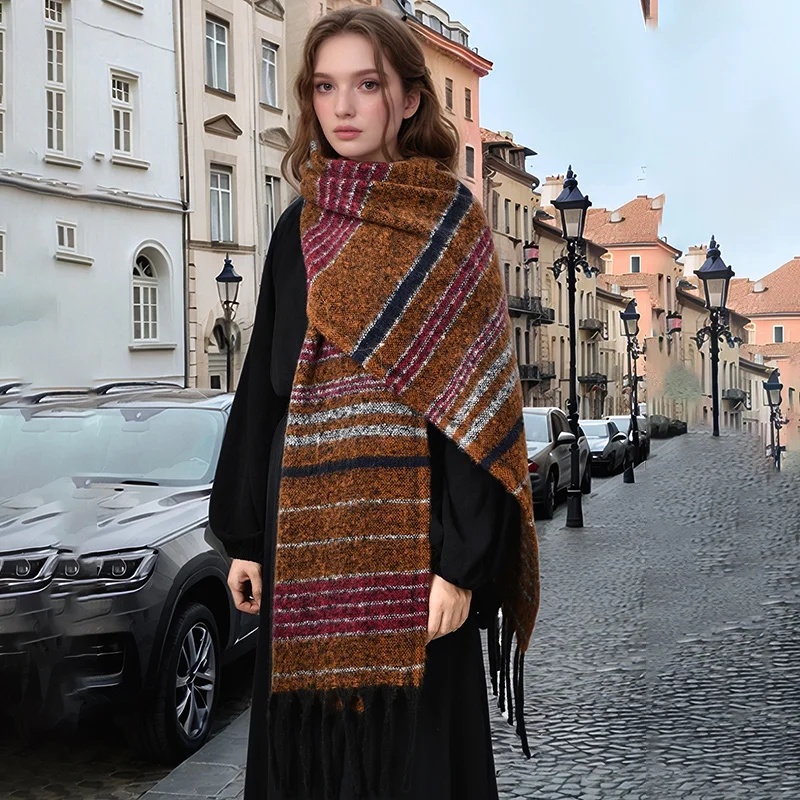 2024 New Cashmere Scarf Shawl Stripe Tassel Pashmina Scarf Woman Winter Scarf Thick Scarves Stoles Warm Blanket Femme Echarpe