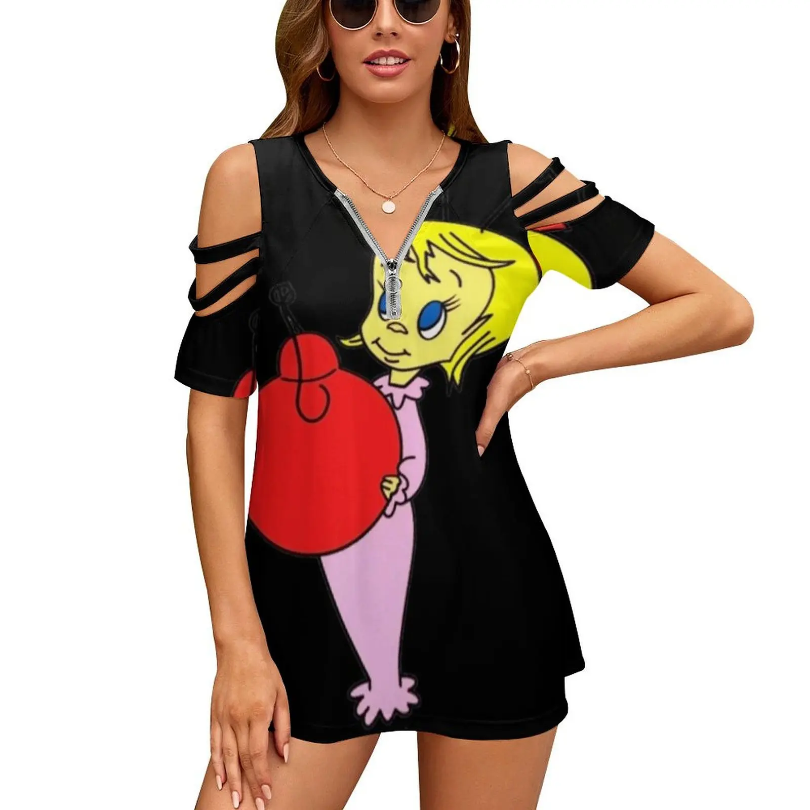 Cindy Lou Who Women's T-Shirt New Fashion Printed Zipper V-Neck Short Sleeve T Shirts Casual Plus Size For Adults Target Merry