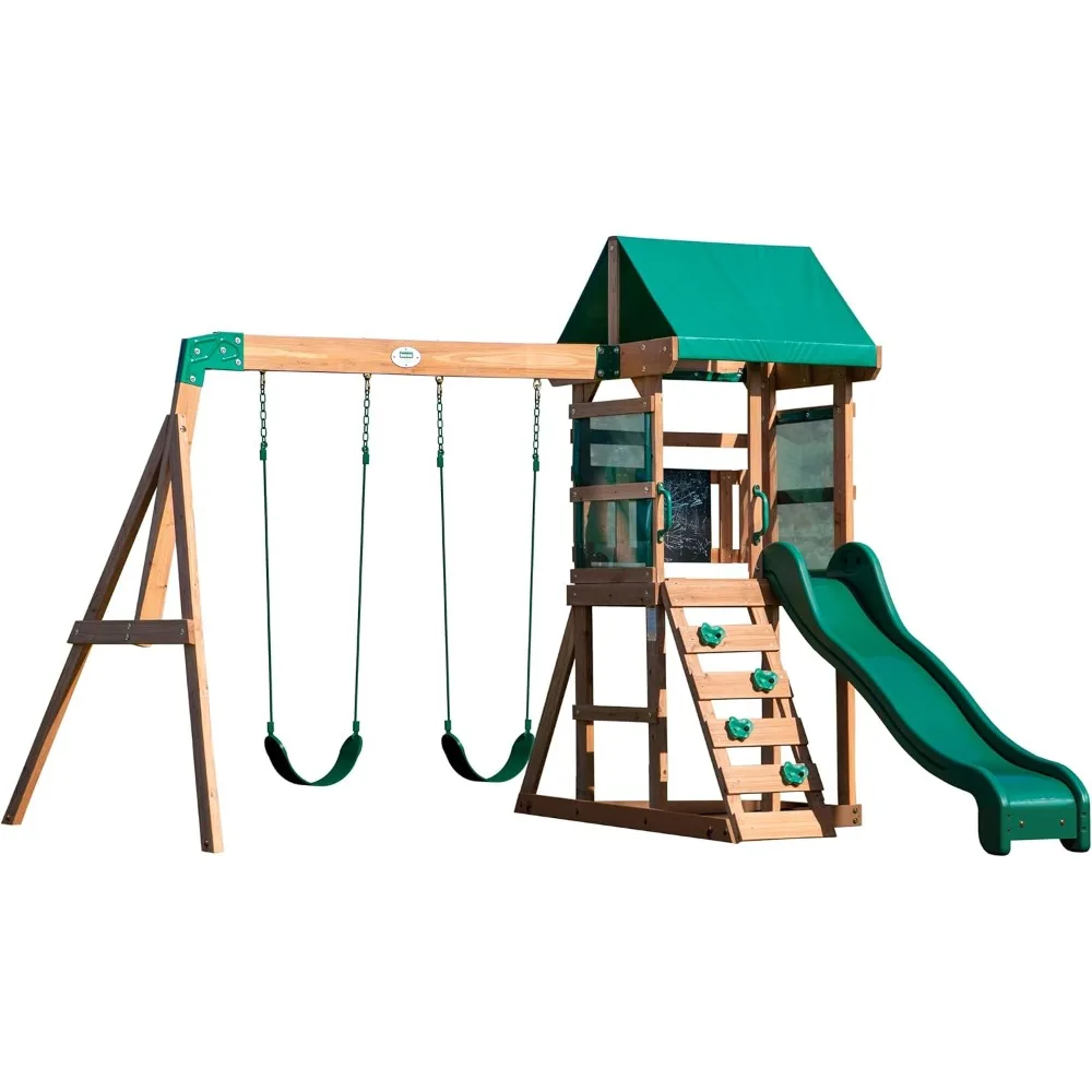 

Cedar Wood Swing Set with Wave Slide, Play Deck, Rock Wall Ladder, Belt Swings, and Chalkboard, featuring a Canoe