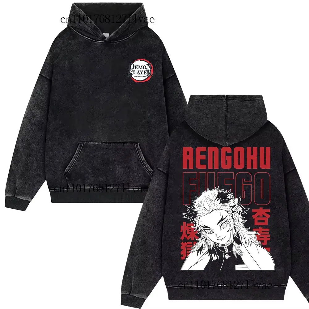 

Винтаж Rengoku Kyojuro ‌ Промытые толстовки Demon Slayer Harajuku, уличная одежда, оверсайз, мужской и женский хлопковый пуловер, пальто Y2k, топ в стиле аниме