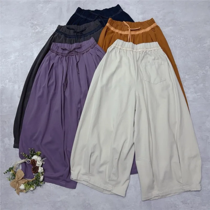 Johnature New Color-block Waist-tie Five-color Wide-leg Lantern Pants Loose Casual Cotton Women Pants