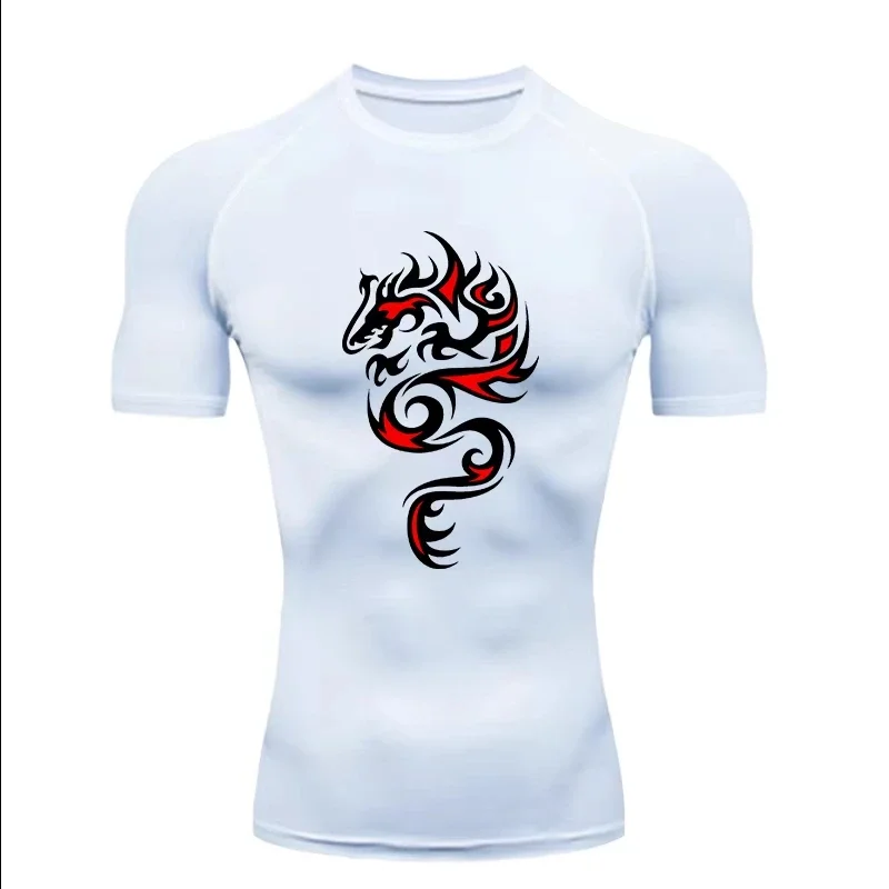 Flame Dragon Symbol 2026 Herren-Sport-T-Shirt für Fitnesstraining, Fitness, Gym, Joggen, Laufen, Workout, T-Shirt, Kompressions-Shorts